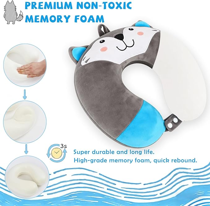 Travel Pillow, Kids Travel Pillow with Sleep Eye Mask Soft Memory Foam Kids Neck Pillow for Boys & Girls, Travel Accessories for Car Airplane Traveling - Wolf