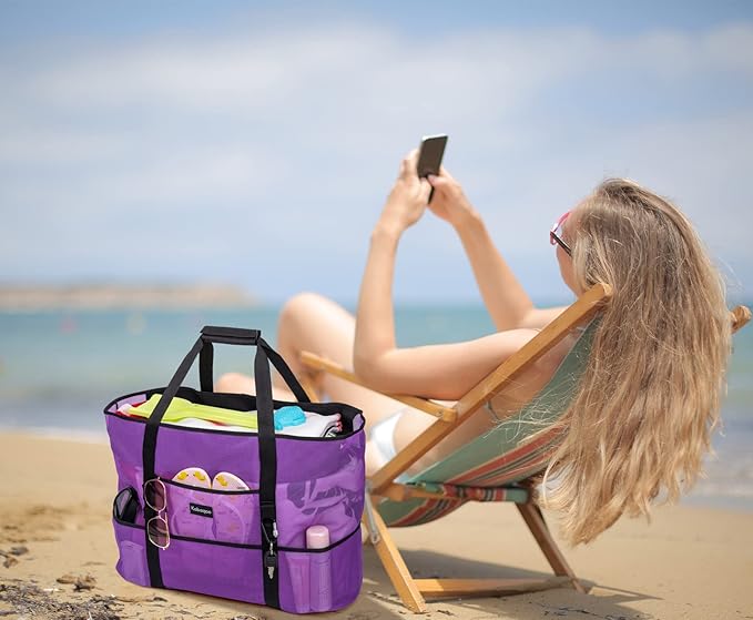 KABAQOO Mesh Beach Bag, Extra Large Beach Bags with 9 Pockets & Zipper Waterproof Lightweight Beach Tote for Beach/Pool Trip | Extra Large, 9 Pockets, Zipper, Waterproof, Lightweight, Beach/Pool Trip