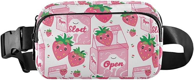 Kawaii Pink Strawberry Milk Fanny Pack for Women Men Water Resistant Fashion Waist Packs with Adjustable Strap Belt Bag for Travel Workout Jogging Hiking 21219125