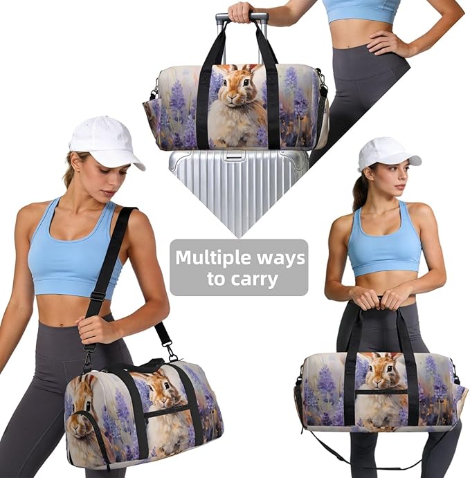 Sports Gym Bag Oil Painting Rabbit Purple Lavender Travel Duffel Bag With Shoe Compartment Shoulder Strap, Lightweight Water-Resistant Weekend Overnight Totes For Women Men