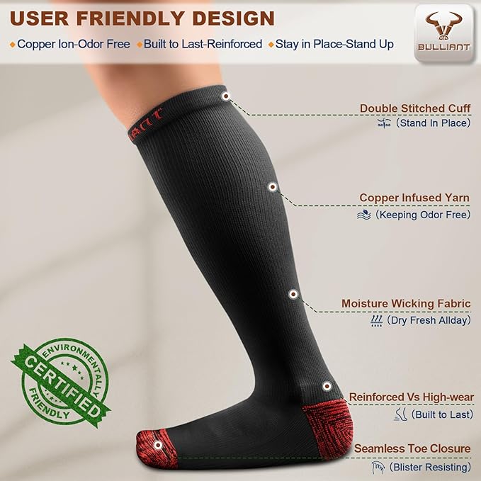 BULLIANT Compression Socks 3Pairs-15-20mmHg Circulation Support Men Women Hiking Sports Recovery-Upgraded Wicking Tech