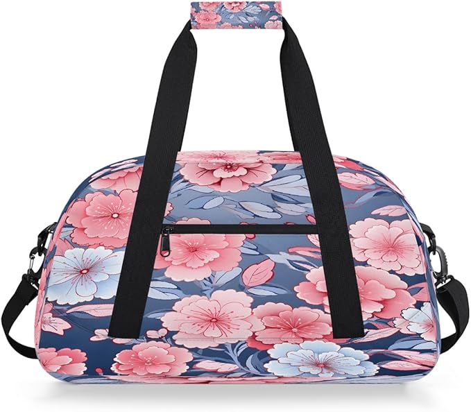 Gym Bag for Women Men, Pink Blue Floral Dark Background Travel Duffle Bags for Dance Ballet Overnight, Carry-On Weekender Bag with Detachable Shoulder Strap