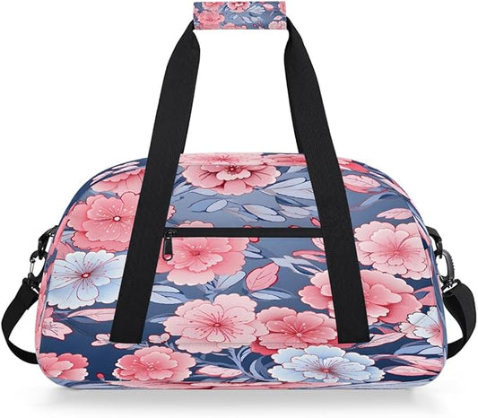 Gym Bag for Women Men, Pink Blue Floral Dark Background Travel Duffle Bags for Dance Ballet Overnight, Carry-On Weekender Bag with Detachable Shoulder Strap