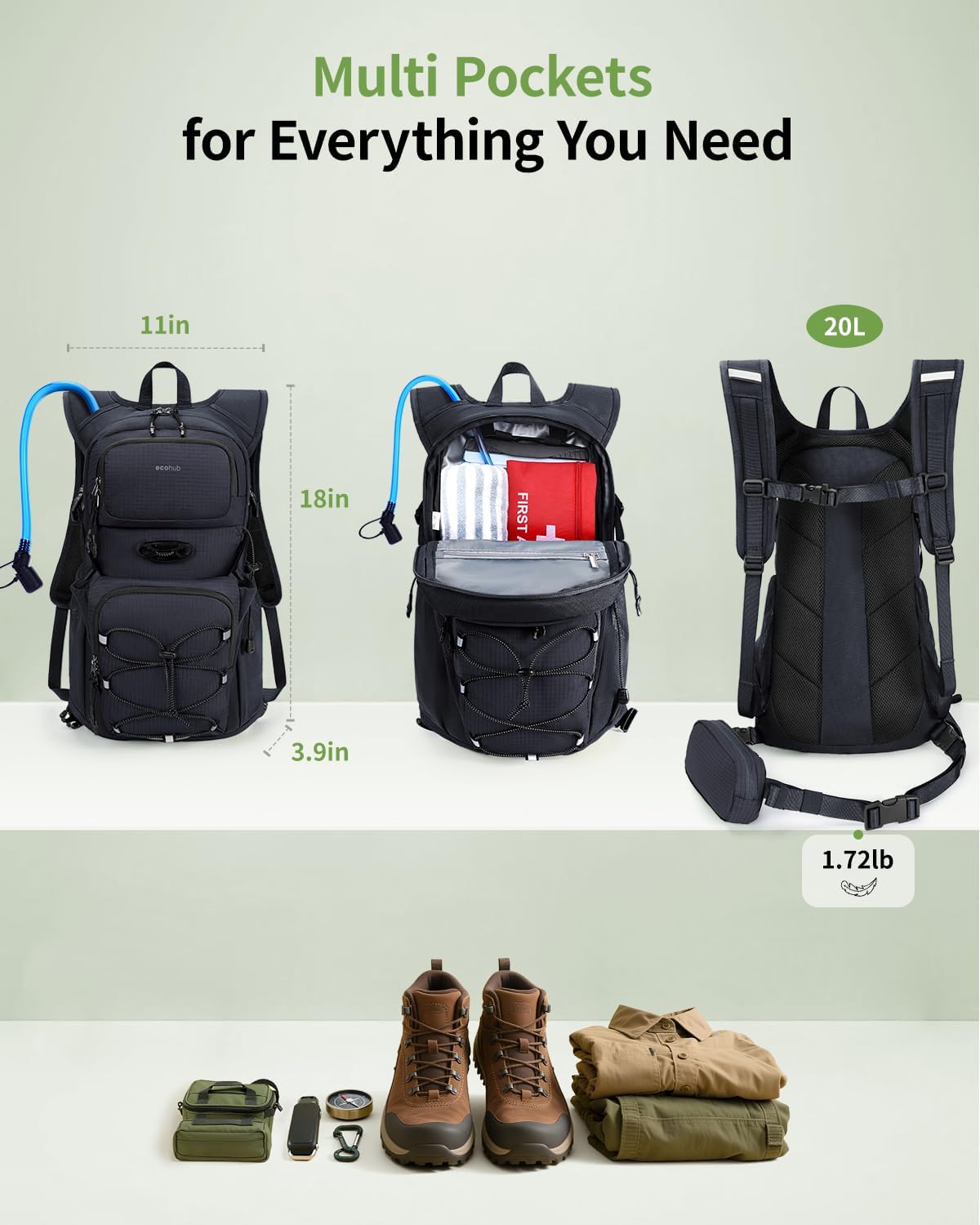 ECOHUB Hydration Backpack for Men Women, 20L Lightweight Hiking Daypack Cycling Backpack with 2L Water Bladder, Insulated Hydration Pack with Waist Pack