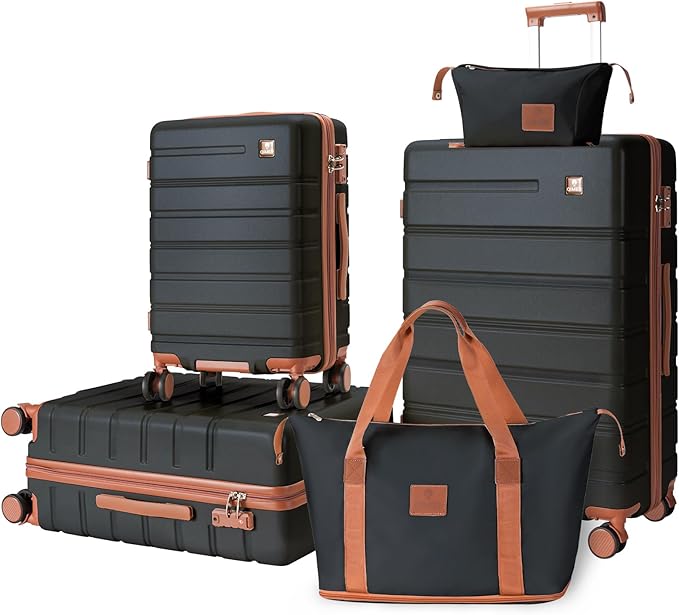 Luggage Sets 5 Piece Polycarbonate Hard Shell Suitcases Airline Approved, Lightweight Luggage with Spinner Sheels TSA Lock, YKK Zippers, Suitable for Family Black(20/24/28/DB/TB)