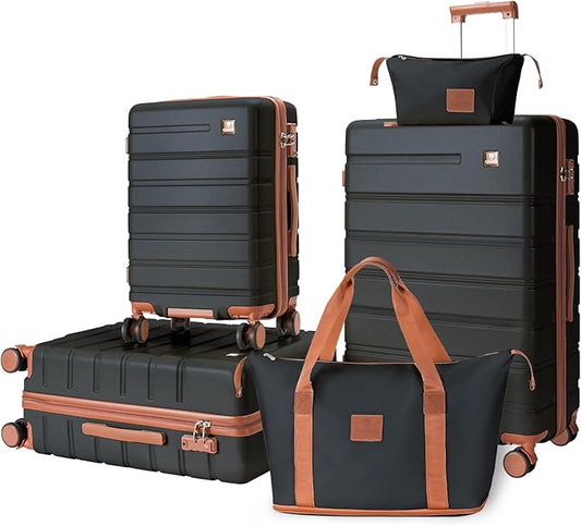Luggage Sets 5 Piece Polycarbonate Hard Shell Suitcases Airline Approved, Lightweight Luggage with Spinner Sheels TSA Lock, YKK Zippers, Suitable for Family Black(20/24/28/DB/TB)