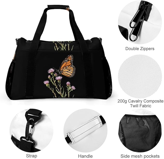 Monarch Butterflies Aspen Thistle Duffle Bag Gym Bag for Workout Travel Tote with Detachable Straps
