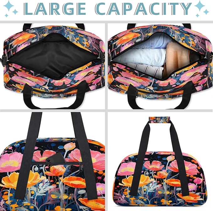 Gym Bag for Women Men, Pink Orange Poppies Black Travel Duffle Bags for Dance Ballet Overnight, Carry-On Weekender Bag with Detachable Shoulder Strap