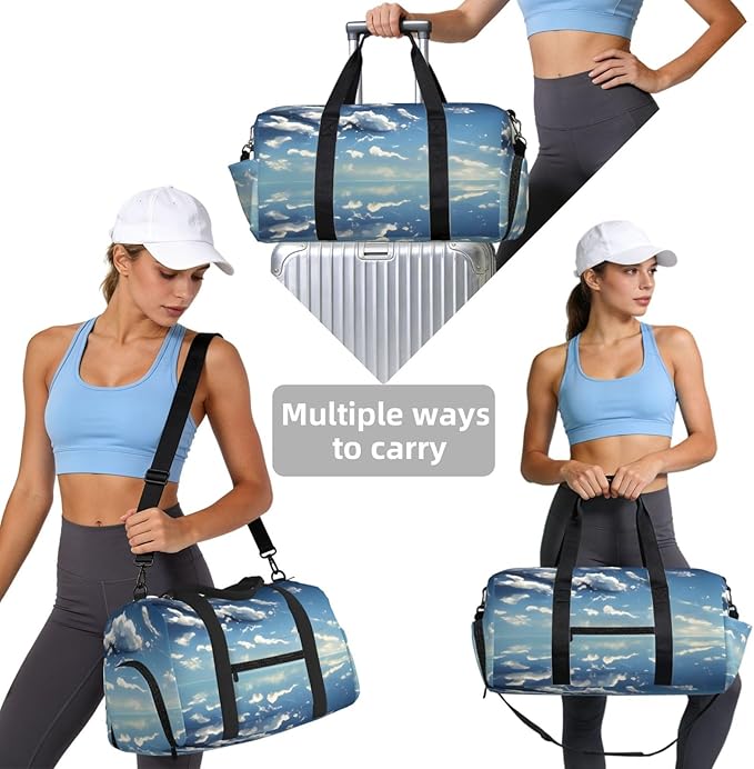 Blue sky and white clouds Print Gym Bag with Shoe Compartment for Women Men, 17.7in Sports Duffle Weekender Tote, Overnight Travel Duffel Bag Carry On