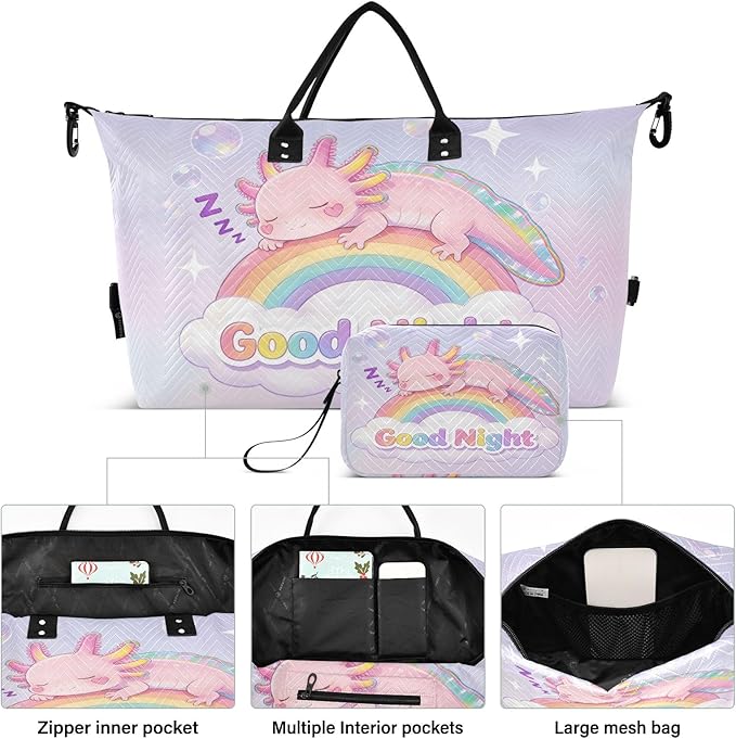 Travel Duffle Bag, Good Night Axolotl Rainbow Gym Bag with Storage Bag Weekender Overnight Bag for Men Women Trip Sports Yoga