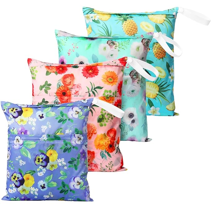 Frienda 4 Pieces Wet Dry Bag for Baby Waterproof Reusable Washable Diaper Bag Sealed with Handle for Travel, Beach, Swimsuit, Diapers, Dirty Gym Clothes and Toiletries (Plant)
