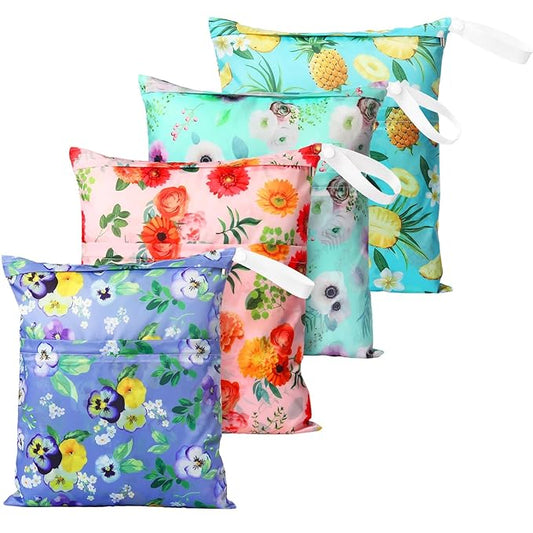 Frienda 4 Pieces Wet Dry Bag for Baby Waterproof Reusable Washable Diaper Bag Sealed with Handle for Travel, Beach, Swimsuit, Diapers, Dirty Gym Clothes and Toiletries (Plant)