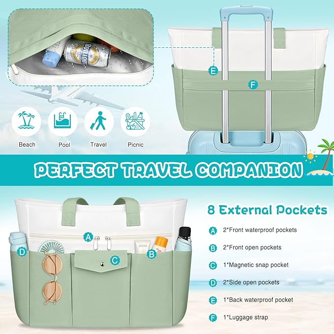Beach Bags for Women Large Canvas Beach Tote with Zipper Wet Pocket, Waterproof Foldable Swim Pool Travel Tote Bags