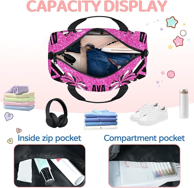 Personalized Cheerleading Sports Bag Names, Custom Name Cheer Fitness Duffle Gym Travel Weekender Lightweight Bags, Water Pink Shiny Glitters Black