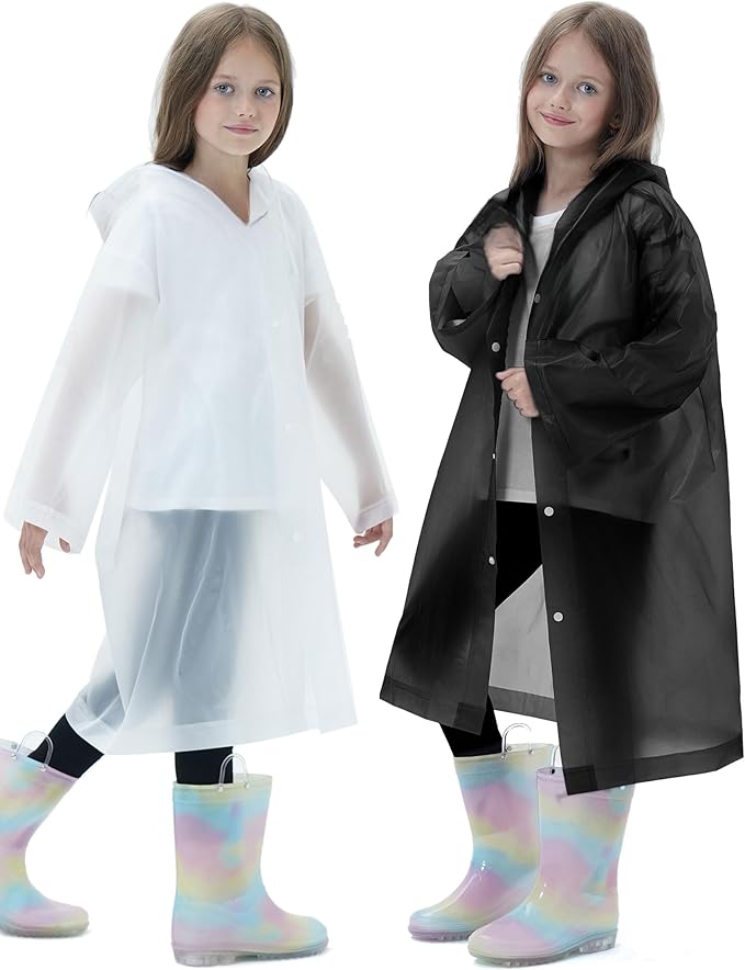 2 Pack Reusable Waterproof Raincoat EVA Emergency Rain Ponchos One Size Rain Jacket for Children, Boys and Girls