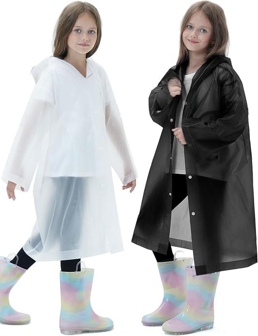 2 Pack Reusable Waterproof Raincoat EVA Emergency Rain Ponchos One Size Rain Jacket for Children, Boys and Girls