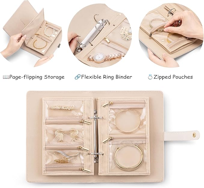 Vlando Jewelry Book Organizer - Leather Travel Jewelry Case with 5 Detachable Pages for Necklaces, Rings, Earrings, Tangle-Free, Giftable,Olive Green