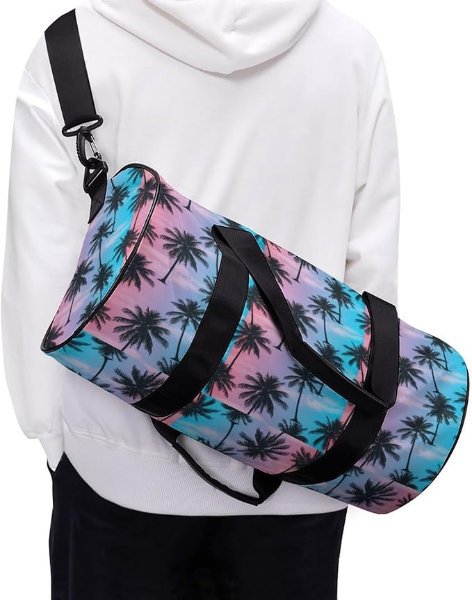 Basketball Football Weekender Bag Purple Sky Palm Trees Carry on Beach Yoga Overnight Luggage Bag Sports Gym Bags for Men Women