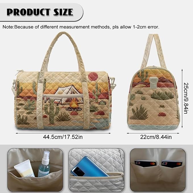 COEQINE Cactus Quilted Gym Bag For Women Sport Quilted Tote Bag For Women Brown Desert Cactus Camper Large Car Themed Crossbody Bags for Women,Shoulder Bag with Detachable Strap