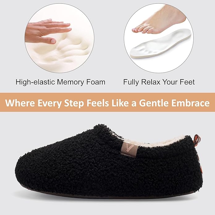 Women’s Fuzzy Memory Foam Slippers with Cozy Curly Fur and Warm Fleece Lining Closed Back Non-Slip House Shoes Lightweight Soft Comfy Indoor Bedroom Slippers