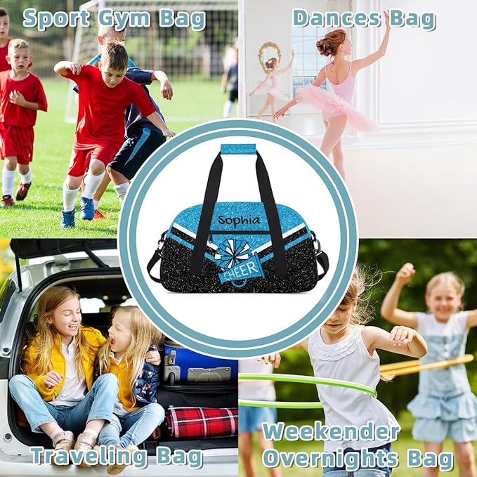 Personalized Sky Blue Glitter Cheer Bag for Cheerleaders, Custom Sport Gym Bag Dance Bag Travel Duffle Bag Cheerleading Gifts for Women