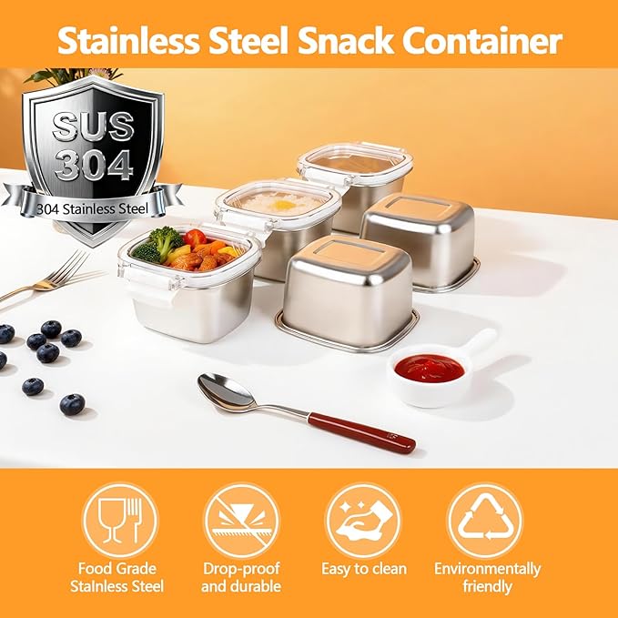 3 Pack Stainless Steel Food Storage Containers with Lids - 15.22 oz Small Snack Boxes & Lunch Containers, Shatterproof Leakproof Freezer Safe Meal Prep Containers for Portioning Snacks, Dips