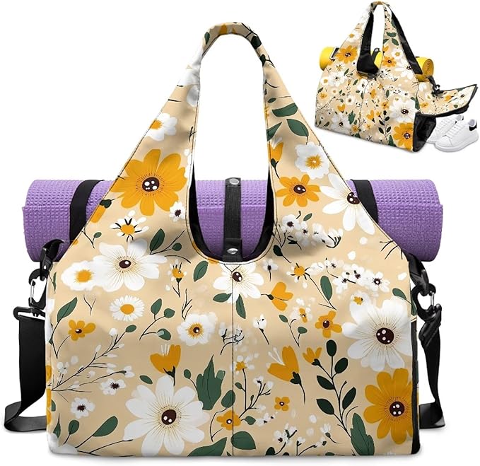 White Daisy Duffle Bag Women with Shoe Compartment and Yoga Mat Holder Yellow Sports Duffel Bag with Wet Pockets for Women, Stylish Portable Fitness Sport Tote Bag