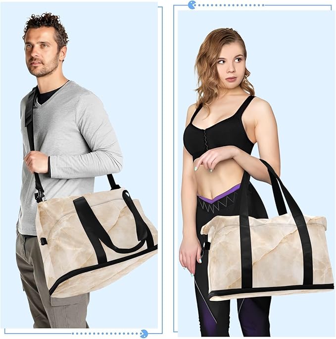 Travel Duffel Bags for Women Beige Marble Print Sports Duffel Bags Gym Bags with Shoes Compartment Tote Bag Weekender Bag for Travelling