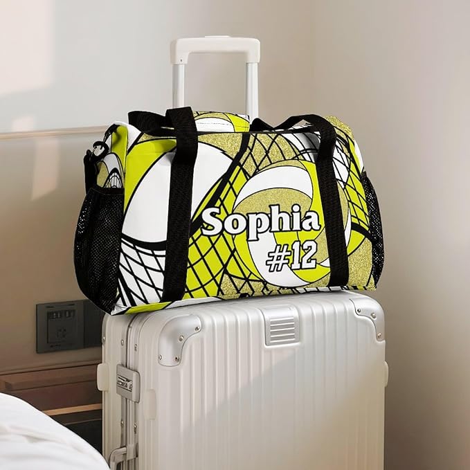 Custom Volleyball Yellow Gold Duffel Bag with Name Personalized Travel Bags Sport Gym Bag Carry On Weekender Bags for Men Women