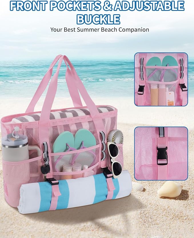 WANDF Mesh Beach Bag for Women, Large Beach Tote Bags with 40oz Tumbler Side Pockets, Family Pool Bag for Swim Toys Towels Cruise Vacation Essentials (Pink) | Breathable
