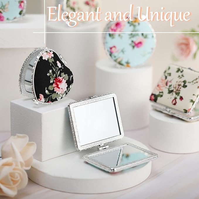 Blulu 9 Pcs Vintage Floral Compact Mirror for Purse Bulk Small Folding Pocket Mirror Portable for Women Christmas Makeup Beauty Gifts, Round Square Heart(Silver,Peony Pattern)