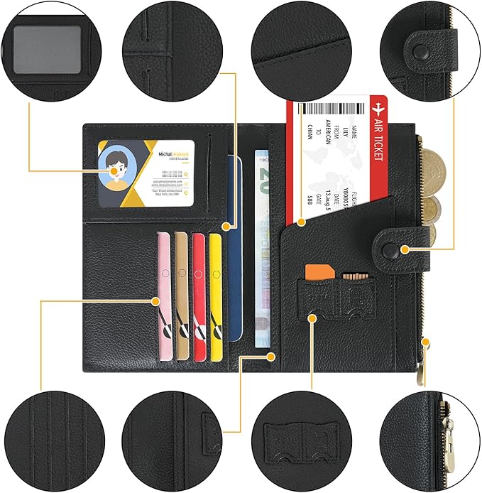 WASON Leather Passport Cover Travel Wallet RFID Blocking – Passport Holder Slot with Zipper Pocket for lD, Boarding Pass,Ticket, Cash, SD Card, Travel Essentials for Men and Women (Black)