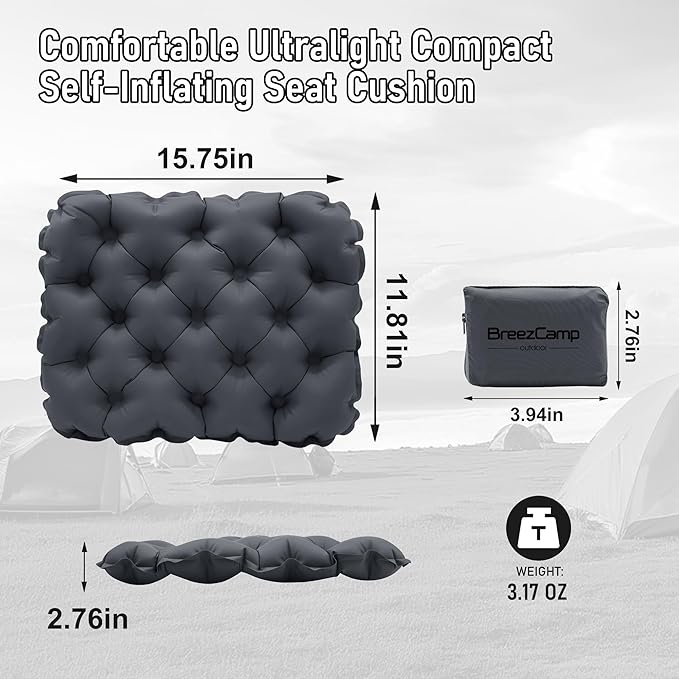Inflatable Seat Cushion, Lightweight Stadium Seat Pad, Travel Air seat Cushion Anti-Slip for Airplane, Hiking, Climbing, Home and Camping,Black