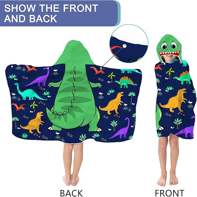 Dinosaur Beach Towel, Dinosaur Towel for Kids with Hood T-rex Hooded Towel for Boys 30x50" Cool Cartoon Microfiber Bath Towel Poncho Bathrobe for Swin Pool cover Up, Green Blue dinosaur birthday gifts