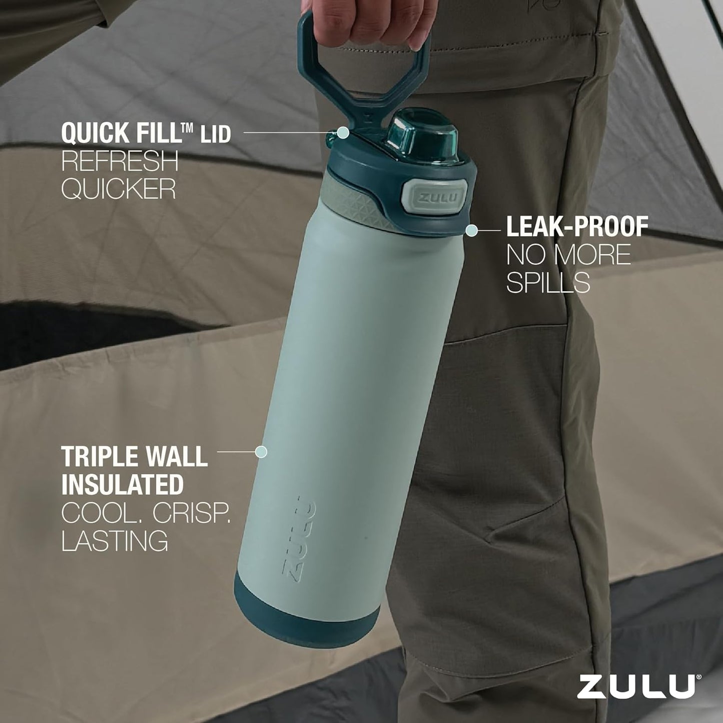 ZULU Powerfill Pro 32oz Stainless Steel Water Bottle with Quick Fill Lid, Triple Walled Vacuum Insulated Metal, Leak Proof Locking Lid, Sip and Chug, Reusable BPA Free, Evergreen