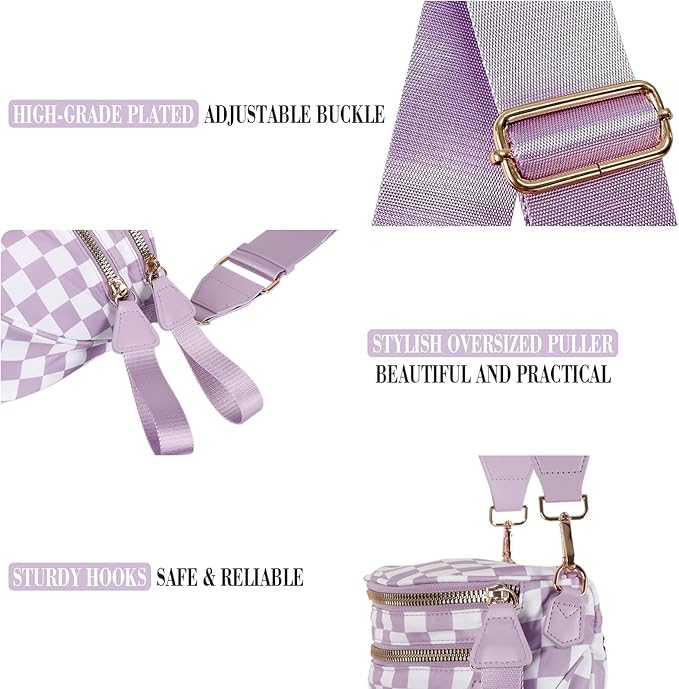 Checkered Crossbody Bag for Women, Spacious Sling & Stylish Bum Bag for Travel, Concerts, Festival, Nylon Fanny Pack Belt Bag (Colour Bum Bag-Purple Checkered)