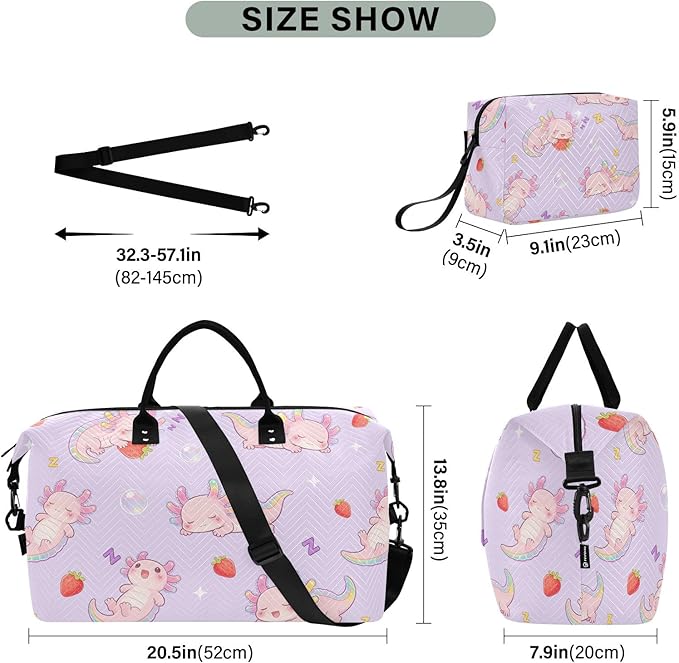 Travel Duffle Bag, Good Night Strawberry Axolotl Gym Bag with Storage Bag Weekender Overnight Bag for Men Women Trip Sports Yoga