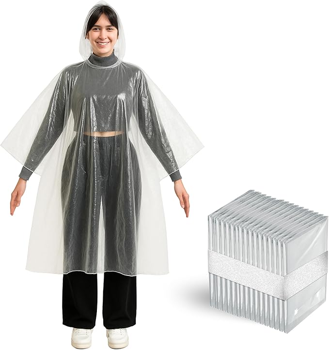 Better Office Products Disposable Clear Rain Ponchos with Hood for Adults (Thicker Gauge), Emergency Ponchos, Lightweight