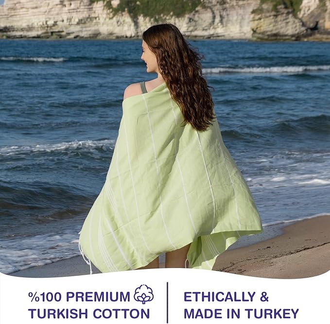 Turkish Beach Towels, Bulk Case of 36 | Oversized, Quick Dry, Sand Free | 100% Cotton, Large 38x71 Towels for Beach, Pool, Travel | Ultra-Soft, Compact, Absorbent | Pistachio Green
