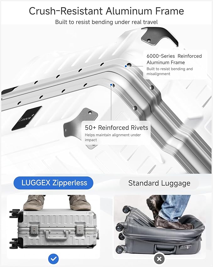 Luggage Sets with Spinner Wheels, 8010S Aluminum Frame Zipperless Polycarbonate Hard Shell Suitcase Sets (ZX-Core, Silver, 2 Piece (20/28))