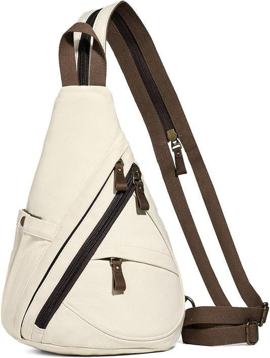 KL928 Canvas Sling Bag - Small Crossbody Backpack Shoulder Casual Daypack Rucksack for Men Women(Large Version,Beige)