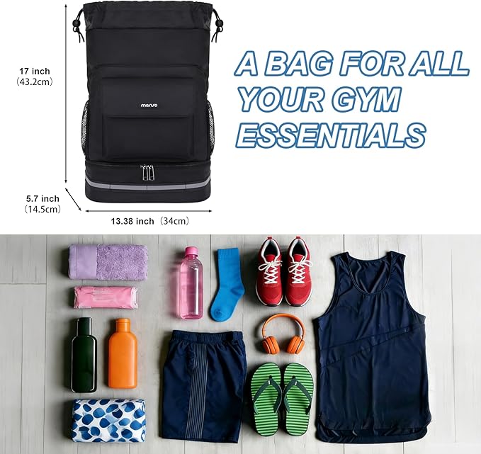 MOSISO Gym Bag for Women Men, Sports Drawstring Backpack with Shoes Compartmentt&Front Pocket, Travel Duffle Fitness Bag for Travel, Sports, Yoga, Black