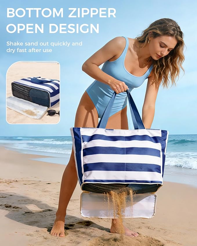 WANDF Beach Bags for Women, Large Waterproof Sandproof Beach Tote Bag with Zipper Family Pool Bags with 40oz Tumbler Pocket, Swim Cruise Vacation Essentials (Navy Blue) | 40oz Tumbler Pocket