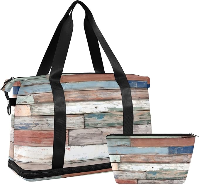 Travel Duffel Bags for Women Distressed Multicolour Wood Print Sports Duffel Bags Gym Bags with Shoes Compartment Tote Bag Weekender Bag for Travelling