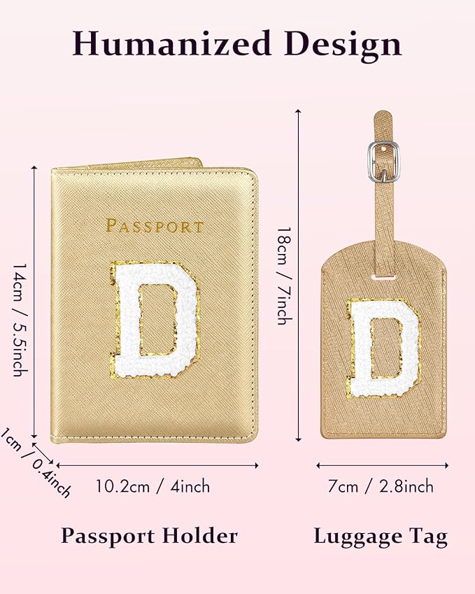 Slohif Passport Holder Initial Lugguage Tag Set Suitcase Cover Wallet Case for Travel Women - Leather Letter Passport Book Personalized Organizer Card Protector Sleeve Essentials Slim Carrier Gold D