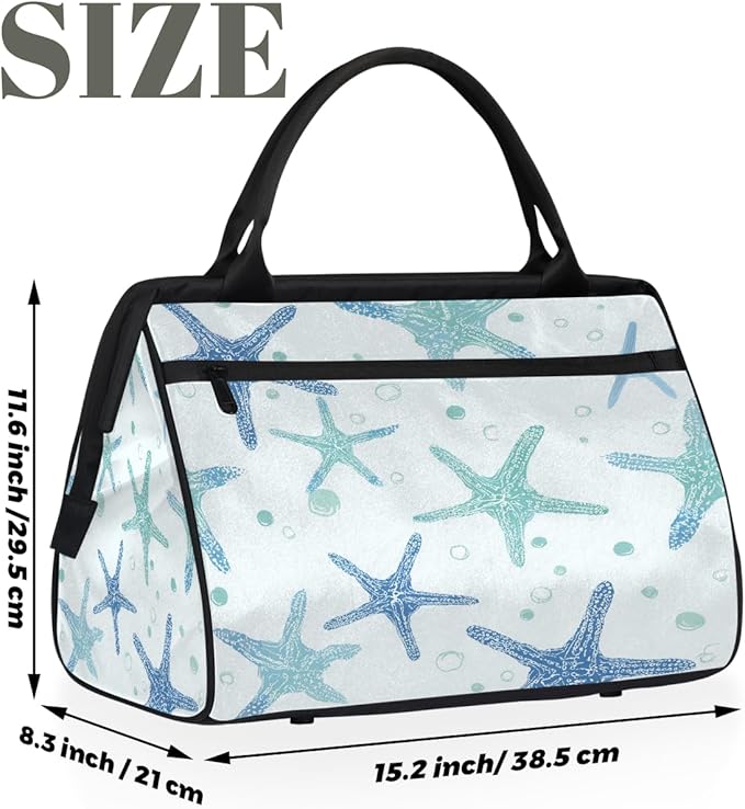 Gym Bag for Women Men, Teal Blue Starfish Pattern Sports Duffel Bags, Waterproof Travel Weekender Overnight Carry On Tote Bags for Travel Sports
