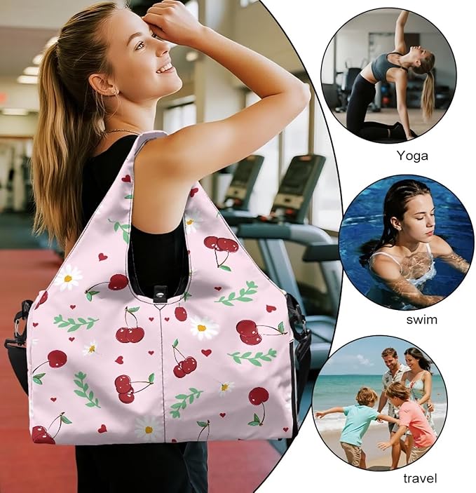 Pink Cherry Print Gym Bag with Yoga Mat Strap and Shoe Compartment, Portable Lightweight Gym Bag with Wet Pocket Water Resistant Gym Duffel for Swimming
