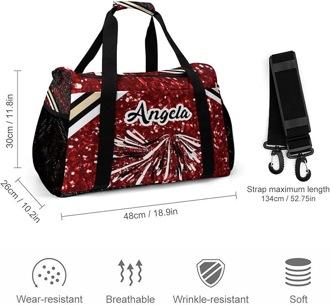 Cheer Red Maroon Glitter Sequin Print Travel Bag, Customized Duffel Bags, Overnight Bag, Personalized Gift, Workouts Gym Casual Bag, Perform Backpacks
