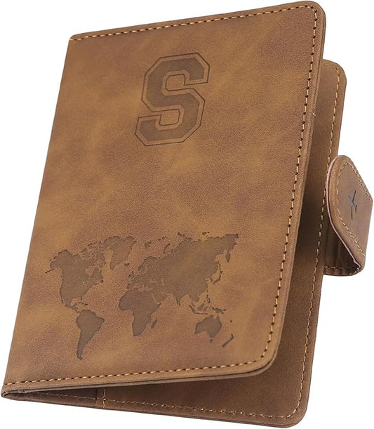 Personalized Passport Holder – Initial Letter Passport Cover with RFID Blocking, Holds 2 Passports, Slim PU Leather Unisex Travel Wallet, Brown S