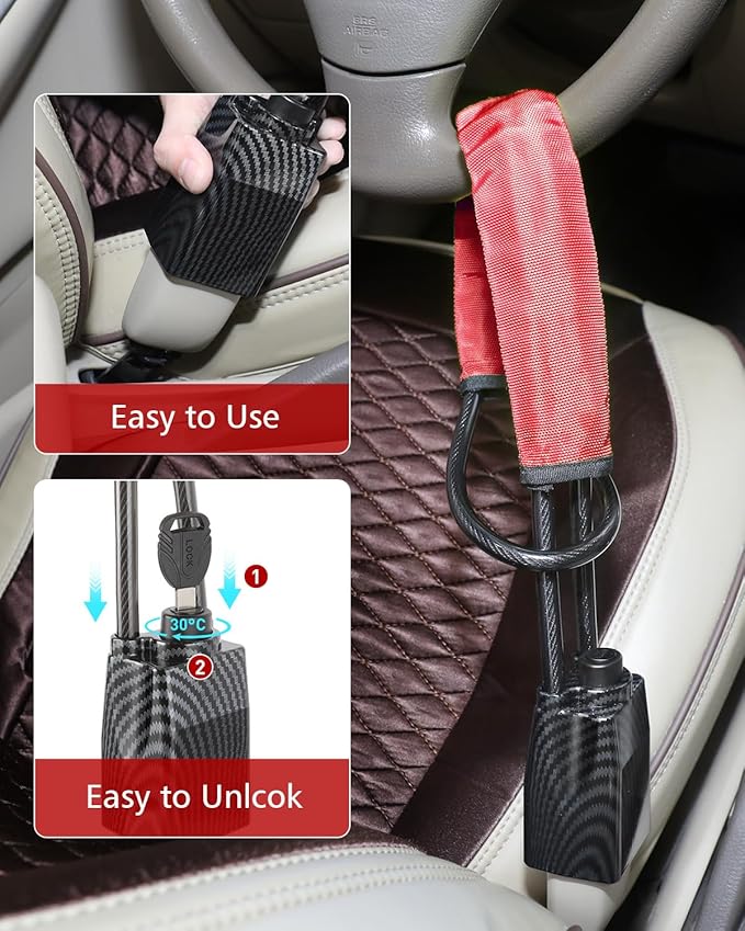 Upgraded car Steering Wheel Lock, seat Belt Lock and Anti-Theft Device, Water Transfer Printing Process, 3 Keys, Multi-Functional, Suitable for Most Vehicles, SUVs and Golf cart Security (red).